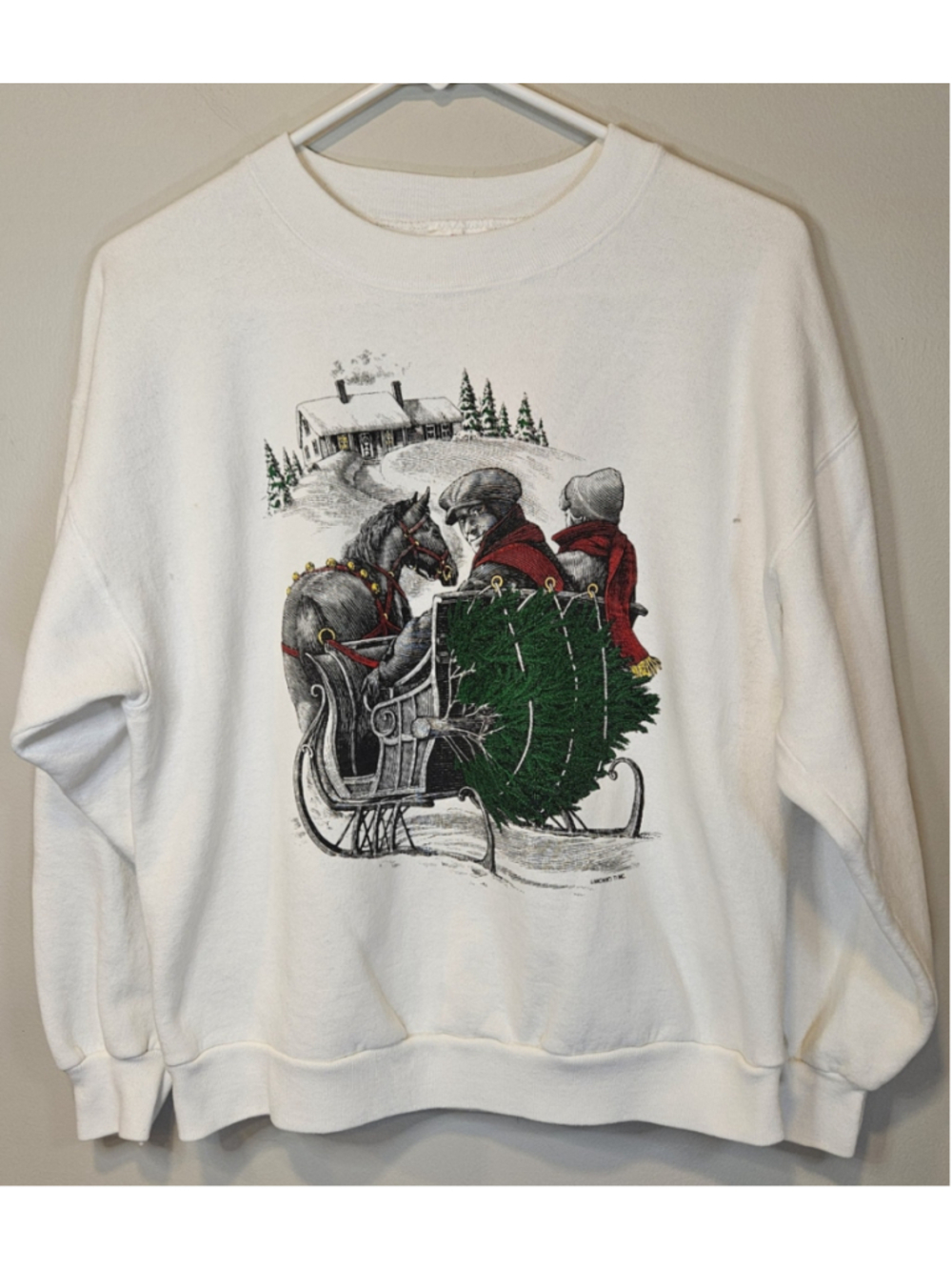 Vintage 1991 Christmas Sleigh Sweatshirt Tee Jays USA Horse Tree Medium